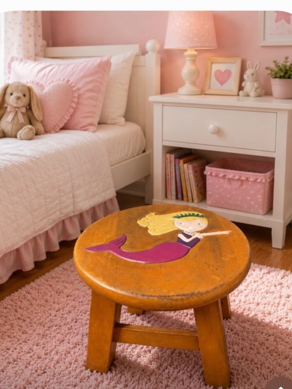 Kids Hand-Painted Mermaid Wooden Stool - Natural Brown bedroom home decor